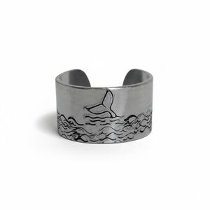 Handmade whale tail adjustable wide cuff ring hypoallergenic‎ silver aluminum